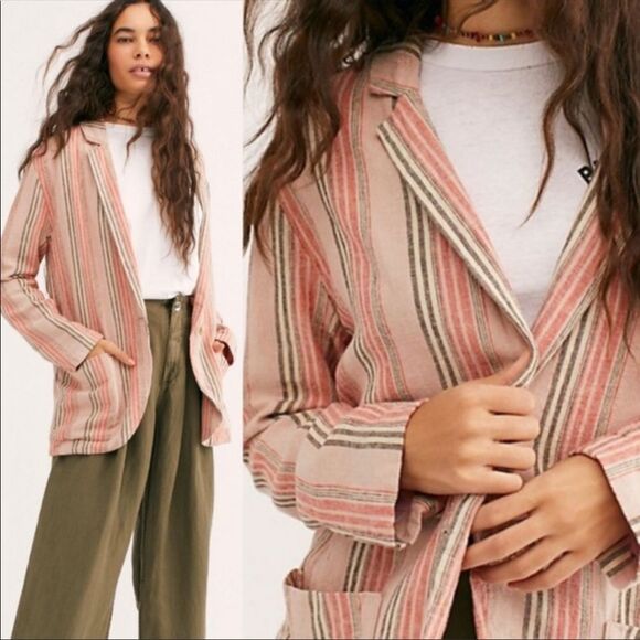 FREE PEOPLE | Simply Stripe Slouchy Boyfriend Style Blazer Linen Oversized Small - Picture 13 of 13